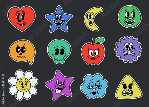 Retro sickers Vector. Funny comic characters. Abstract shapes with faces. Trendy Cute Smile Patches.