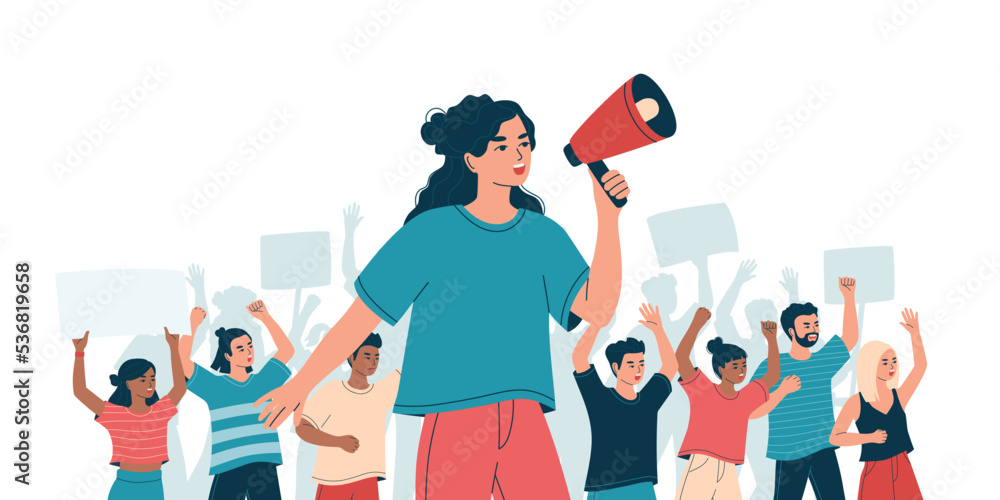 Woman with loudspeaker and angry crowd on protest, strike. Concept peaceful demonstration of human rights. Group of diverse people, students at picket. Isolated flat vector illustration - obrazy, fototapety, plakaty 