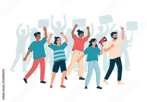 People with placard, banner and megaphone on demonstration. Angry crowd men and women on parade, picket or strike. Activists, peaceful rights protest, manifestation. Isolated flat vector illustration