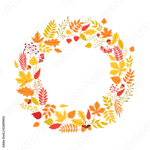 Round frame in autumn color. Wreath, garland, border from hand drawn leaves, branch and berries. Natural decorative template of leaf fall in flat style. Isolated vector illustration