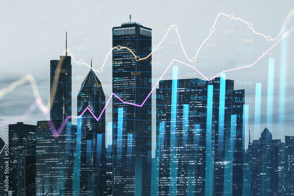 Development and growth property price concept with raising up financial graphs and indicators on night city skyscrapers background, double exposure Development and growth property price concept with raising up financial graphs and indicators on night city skyscrapers background, double exposure