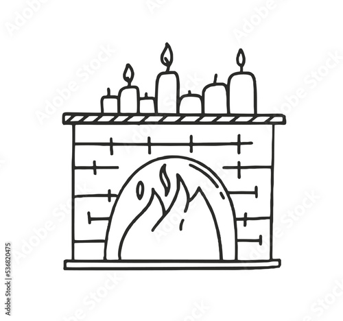 Fireplace with candles vector illustration doodle isolated on white background Concept of Christmas and Santa