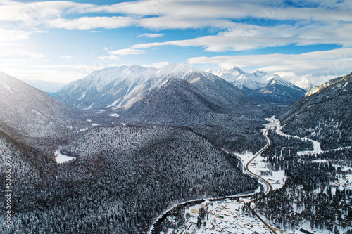 Obraz na płótnie Panorama of winter Aerial view on the mountain valley in winter w salonie