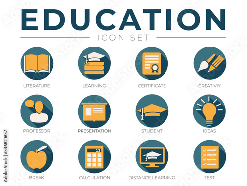 Yellow and Blue Education School Icon Set. Literature, Learning, Certificate, Creativity, Professor, Presentation, Student, Ideas, Calculation, Distance Learning Test Icons