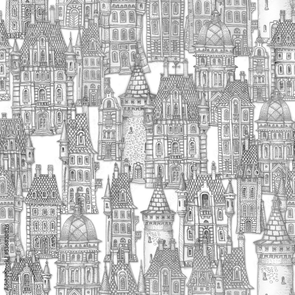Seamless pattern of fantasy landscape grey scale painting. Fairy tale castle, old medieval town isolated on transparent background