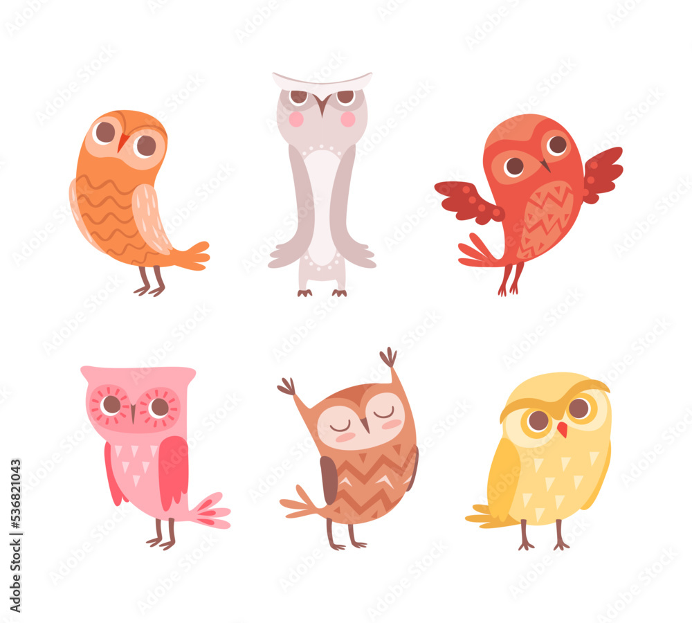 Funny Owlet with Big Eyes as Comic Nocturnal Bird Vector Set Funny Owlet with Big Eyes as Comic Nocturnal Bird Vector Set