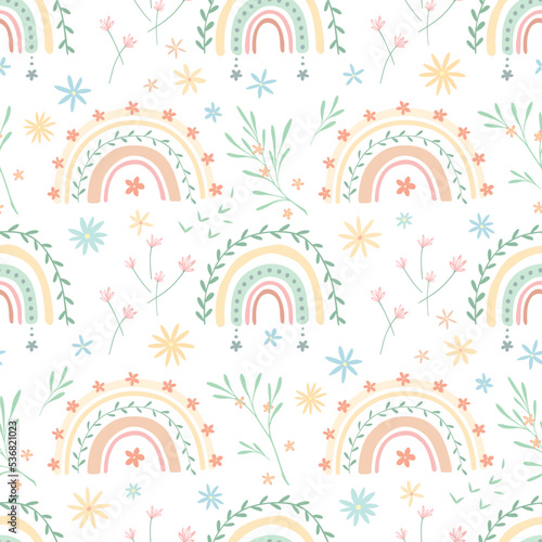 Cute rainbows in boho style with floral motif. Doodle seamless pattern with abstract elements. Pastel beige and green minth colors. Vector background for cards and children illustrations, kids bedroom