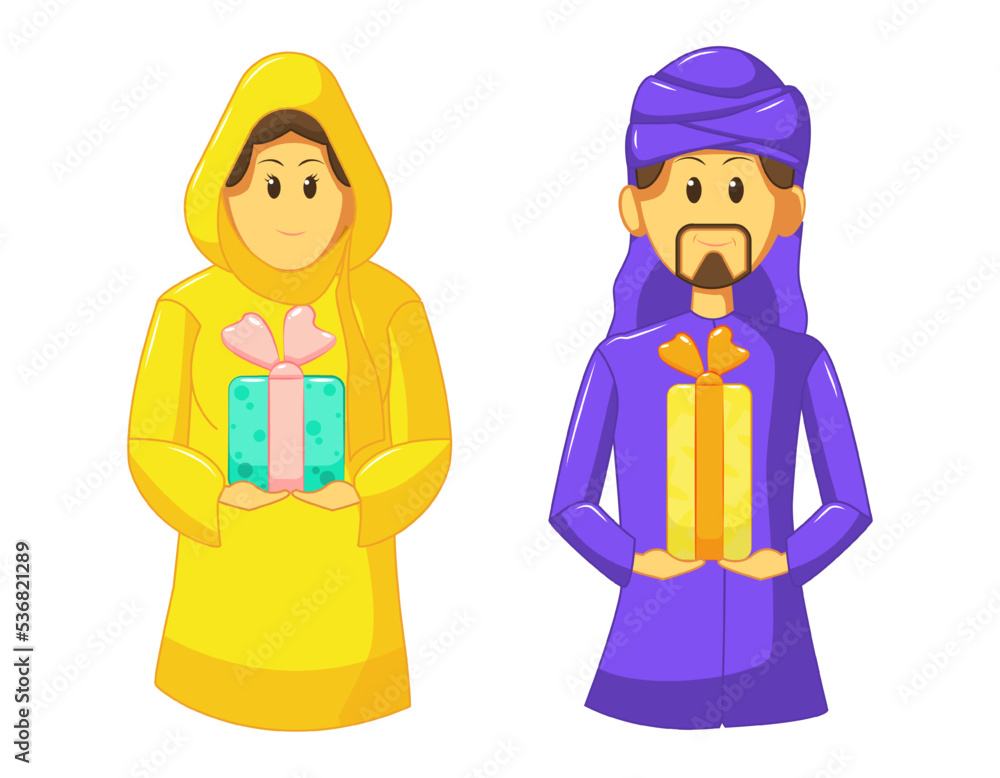 Illustration of a man and a woman with gifts for the holiday