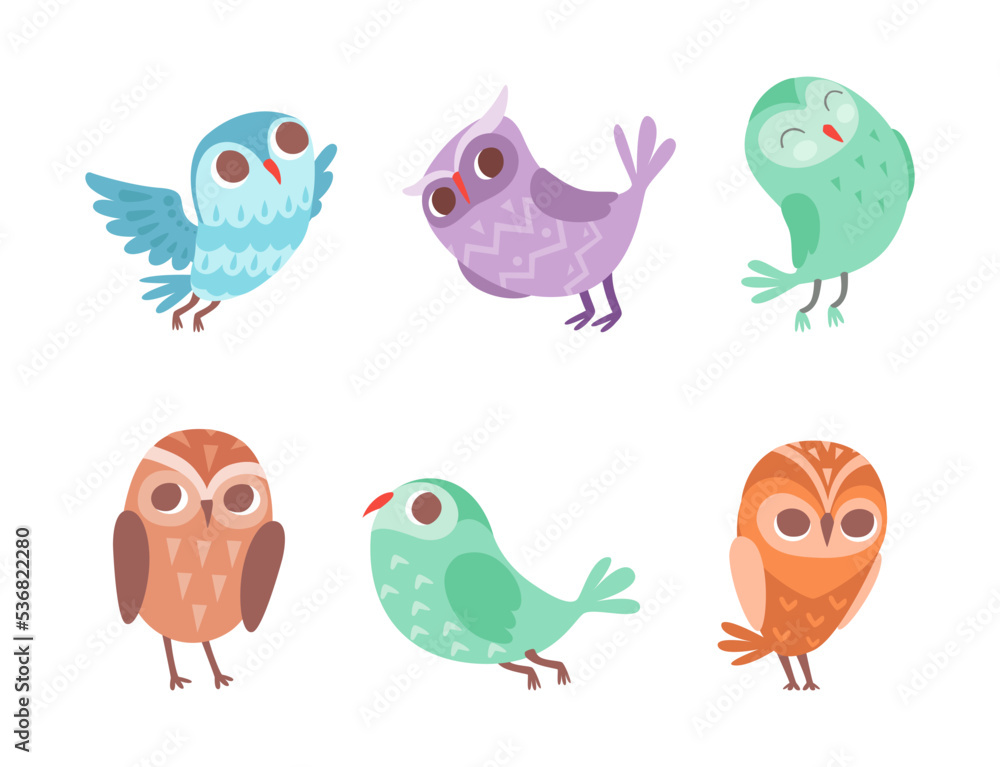 Funny Owlet with Big Eyes as Comic Nocturnal Bird Vector Set Funny Owlet with Big Eyes as Comic Nocturnal Bird Vector Set