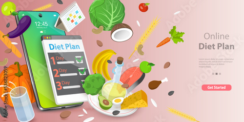3D Vector Conceptual Illustration of Online Diet Plan, Fitness Nutrition App