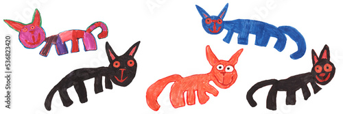 colored cats with markers as a child's drawing