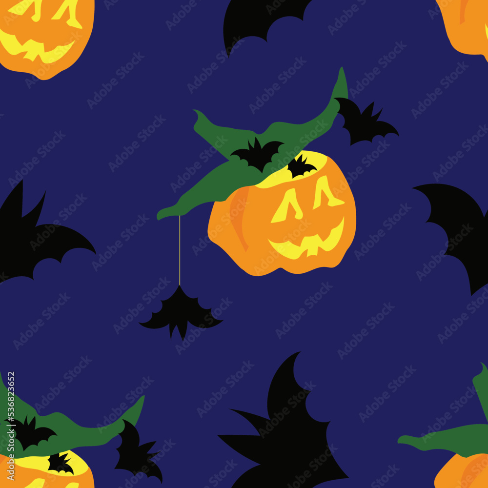 Halloween background with pumpkin and bats. Funny pumpkin. Seamless pattern. Vector illustration.