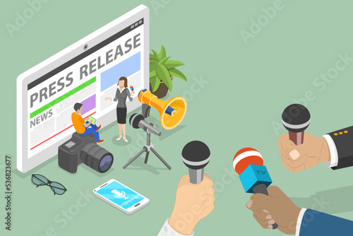 3D Isometric Flat Vector Conceptual Illustration of Press Release, Mass Media News