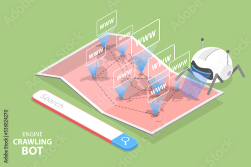 3D Isometric Flat Vector Conceptual Illustration of Engine Crawling Bot, SEO Algorithms