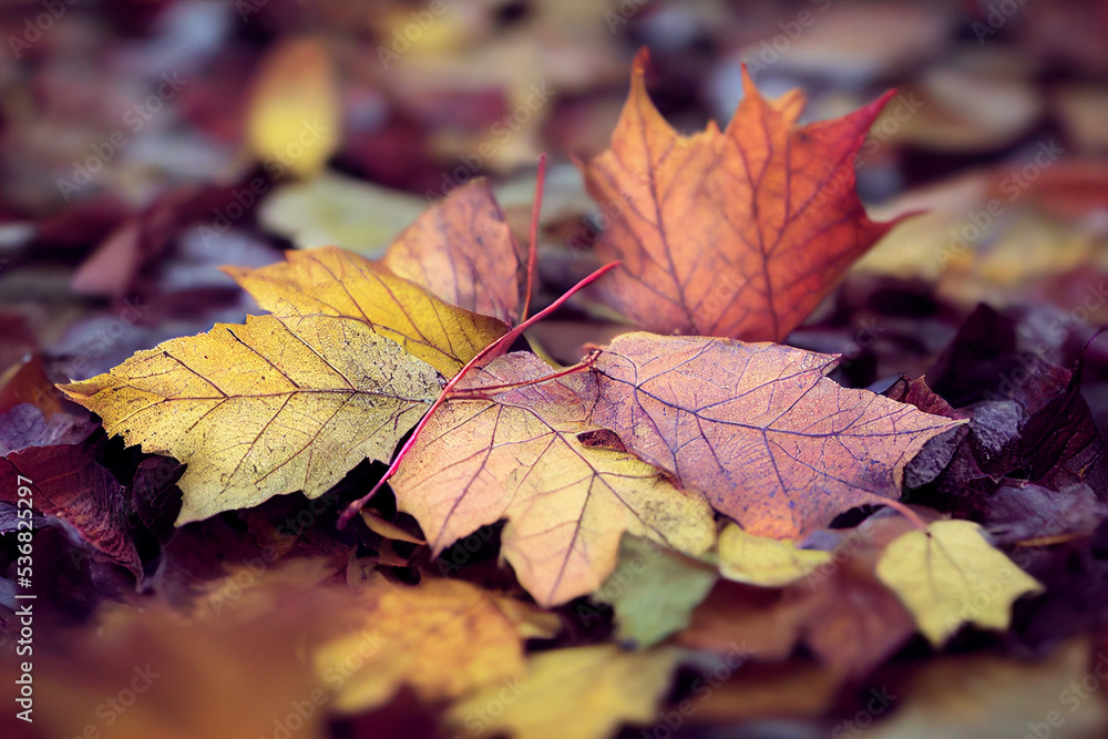 
Autumn Texture Closeup of 
Fall Leaves, Beautiful Group of  Organic Colorful Bold natural scene on the ground, Nature Photo, lo fi and soft focus , Short Depth of Field