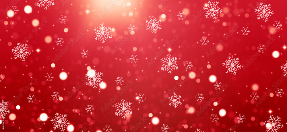 Winter Christmas background: snowflakes and lights on a red background