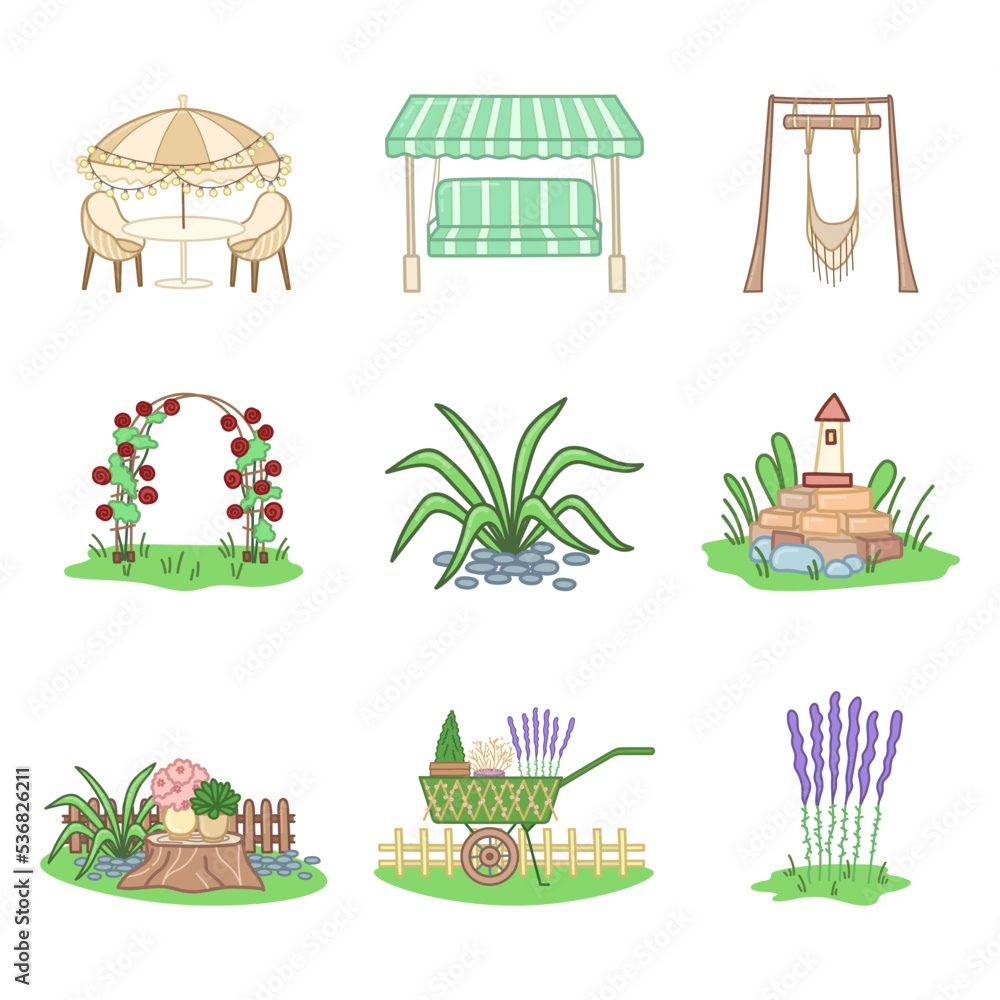 Outdoor garden furniture set, arch trellis, plants, stuff and relaxing backyard objects in cartoon style. Vector illustration isolated on white background.