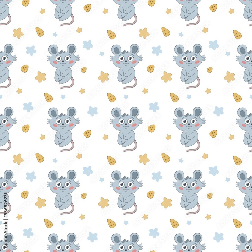 Obraz premium pattern cute blue mouse with cheese on a white background