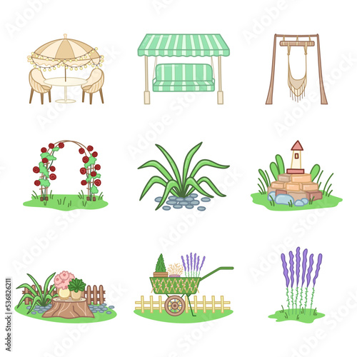 Outdoor garden furniture set, arch trellis, plants, stuff and relaxing backyard objects in cartoon style. Vector illustration isolated on white background.