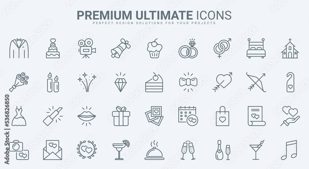 Wedding thin line icons set vector illustration. Outline love, passion and hearts symbols of marriage, rings with diamond gift, wedding cake and champagne, dress of bride and groom, bouquet decoration Wedding thin line icons set vector illustration. Outline love, passion and hearts symbols of marriage, rings with diamond gift, wedding cake and champagne, dress of bride and groom, bouquet decoration