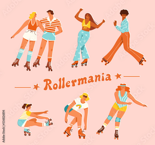 Retro roller skaters set. Roller disco concept in cute colorful style. Vector illustration of young men and women enjoying 70s style active hobby.