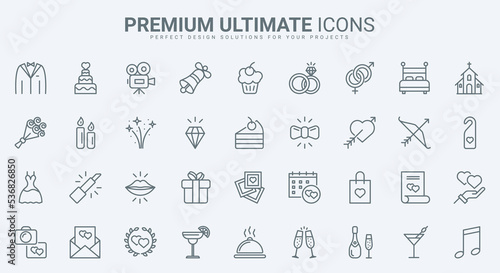 Wedding thin line icons set vector illustration. Outline love, passion and hearts symbols of marriage, rings with diamond gift, wedding cake and champagne, dress of bride and groom, bouquet decoration