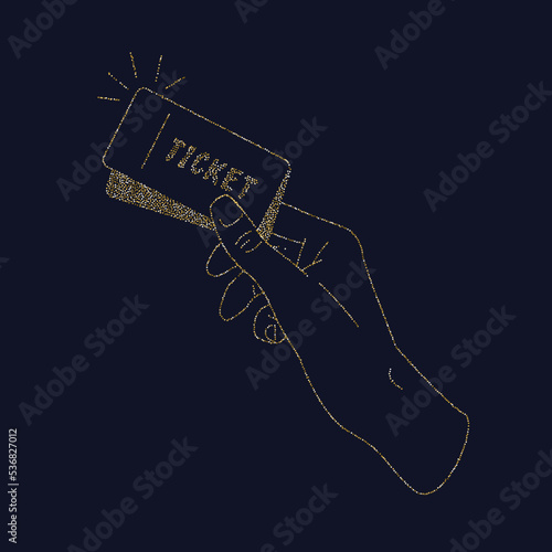 Gold glitter. The hands of the person holding the tickets. Isolated illustration on a yellow background.