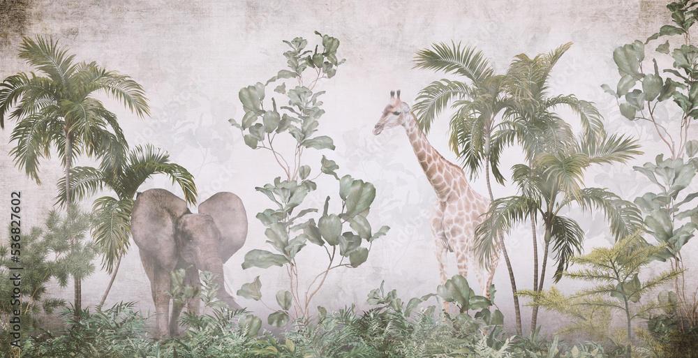tropical trees and leaves for digital printing wallpaper, custom design wallpaper - 3D illustration 