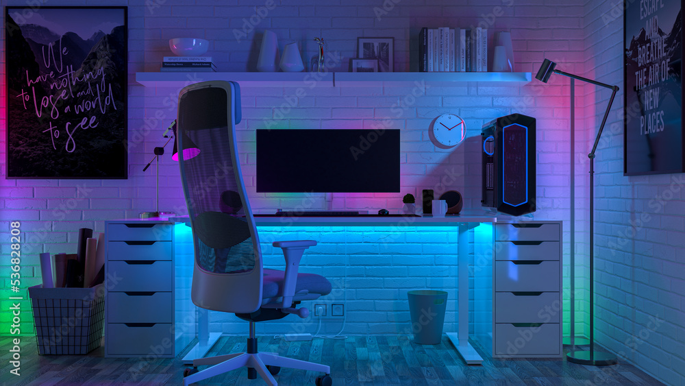 Εκτύπωση καμβά Working desktop surrounded by colored led lights, RGBIC Led strip