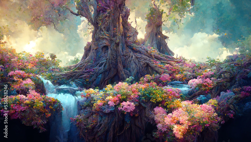 Fotografiet fantasy fabulous wide panoramic photo background with big tree forest, summer floral rose and bluebell campanula flower bush stream water fall