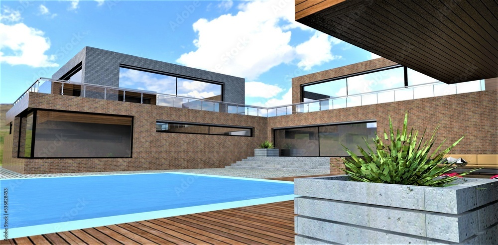 Swimming pool with wooden flooring in the yard of a wonderful country cottage. Concrete flowerpot for plants. Wall decoration with old natural bricks. 3d rendering.