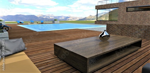 Metal vessel on a wooden table. Terrace board in the yard of a country private house with a swimming pool. Comfortable pillows on the sofa. Remarkable mountain landscape. 3d rendering. © Oleksandr