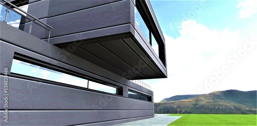 The house is finished with composite panels with a metal coating. Console second floor. Bright green meadow. Ecological mountain region. 3d rendering.