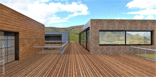 Three townhouses with a shared terrace with wooden decking. Glass panel railing. Very convenient organization of living space. 3d rendering.