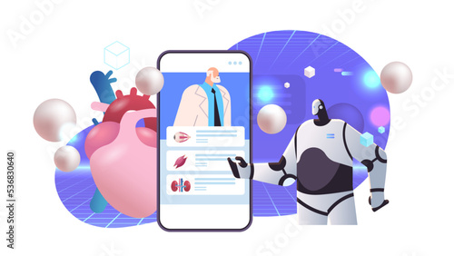 scientist and robot examining anatomical human body internal organs during video call anatomy medicine online consultation