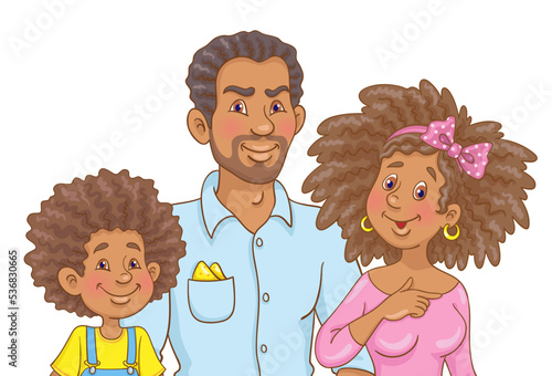 Portrait of a happy African American family. Mother, father and son.  Isolated on white background. In cartoon style. Vector illustration.