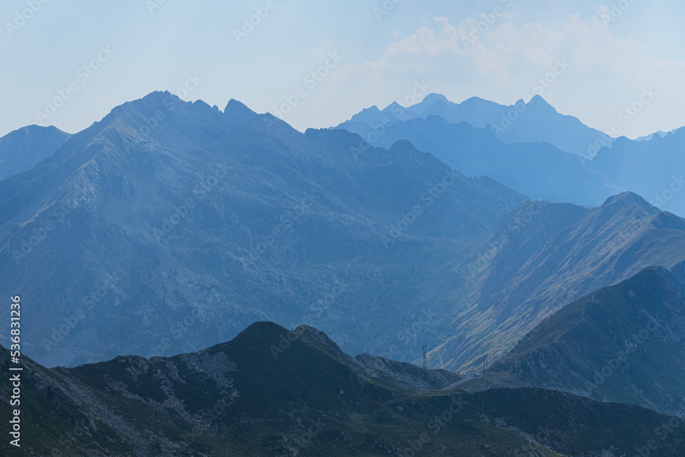 The Orobie valtellinesi alps, during a summer afternoon, seen from the San Marco pass near the village of Albaredo for San Marco, Italy - July 2022.