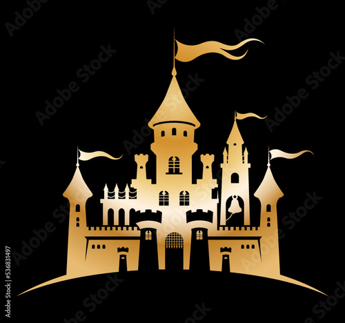 Castle golden silhouette standing on the hill. Fairy tale fortress on black background. Cartoon vector illustration. Child accessories, travel, tourism, fantasy design element or apparel, fabric print