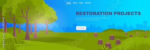 trees in the felled forest with an ax in stumps sustainable ESG development responsibility of co2 emission restoration projects