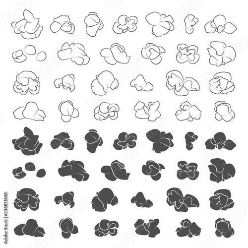 Set of black and white illustrations with popcorn grains. Isolated vector objects on a white background.