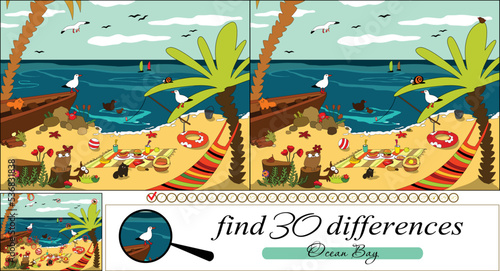 Find 30 differences. Vector cartoon illustration. The ocean bay.