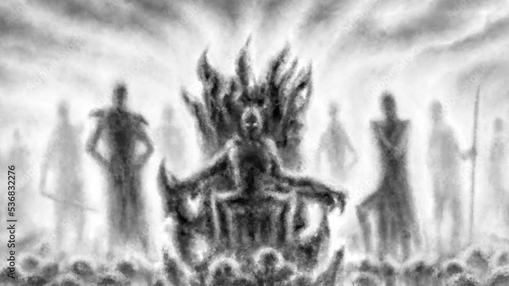 Obraz premium Dark lord sits on throne surrounded by his retinue. Myths and legends of forgotten era.. Gloomy silhouettes. Spooky illustration. Horror fantasy genre. Scary character. Black and white background.