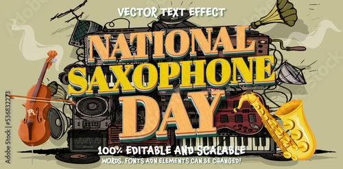 International jazz day poster or banner with saxophone in paper cut style. Digital craft paper art. National Saxophone Day editable text effect on musical scene instrument retro vintage background 