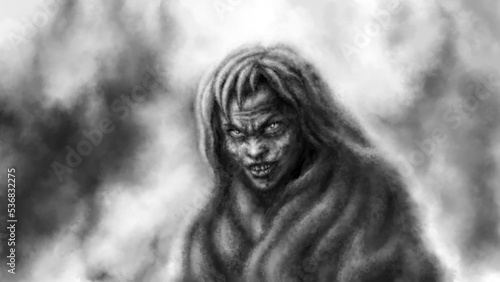 Scary dark witch in rags smiling and evil eyes. Spooky demon girl illustration. Horror fantasy genre. Gloomy character from nightmare digital art. Coal and noise effect. Black and white background.