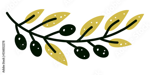 Vector illustration with olive branch in cartoon style. Label for olive oil producers, packaging design for olives.