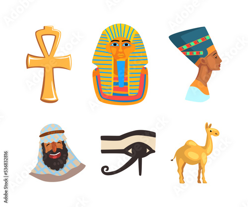 Egyptian Symbols with Camel, Ankh, Eye of Horus, Nefertiti Bust and Pharaoh Vector Set