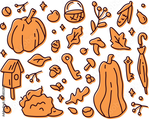 Pre-made line art collection of autumn forest items. Cute and cozy warm set. Hand drawn fairy vector illustration.