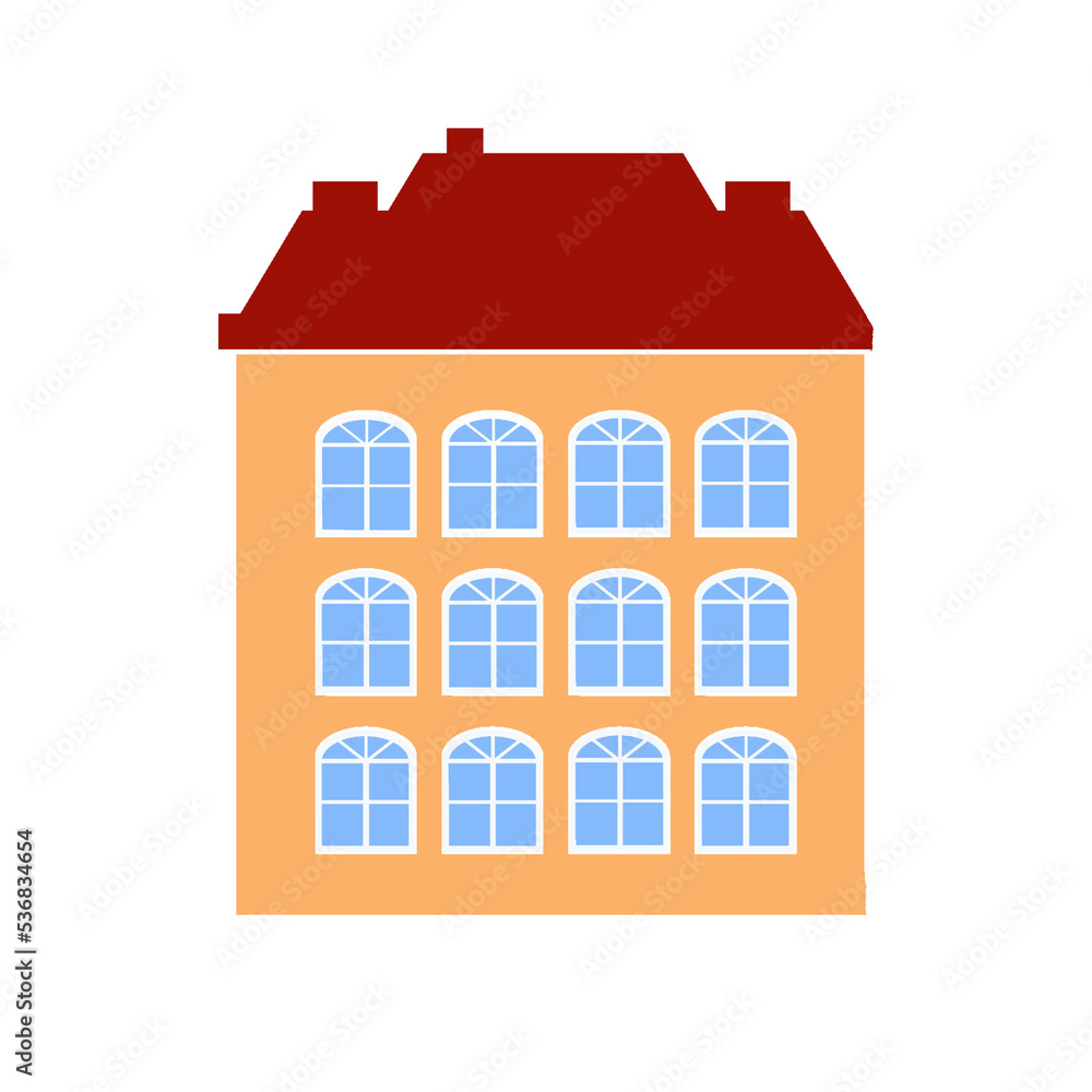House isolated on white background. House icon. Beige house with red roof and blue windows. Building icon. Urban icon