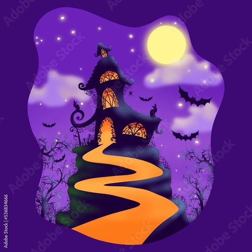 An illustration on the theme of Halloween, the road to the old house on the mountain, a gloomy night with the moon. Design of a postcard, banner, invitation.