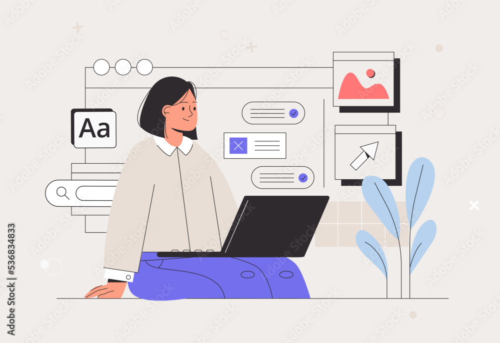 Business woman, smm manager, programmer, sit on infographic and work on laptop. Freelancer working on web and application development on computers. Software developers. Flat style vector illustration. Business woman, smm manager, programmer, sit on infographic and work on laptop. Freelancer working on web and application development on computers. Software developers. Flat style vector illustration.